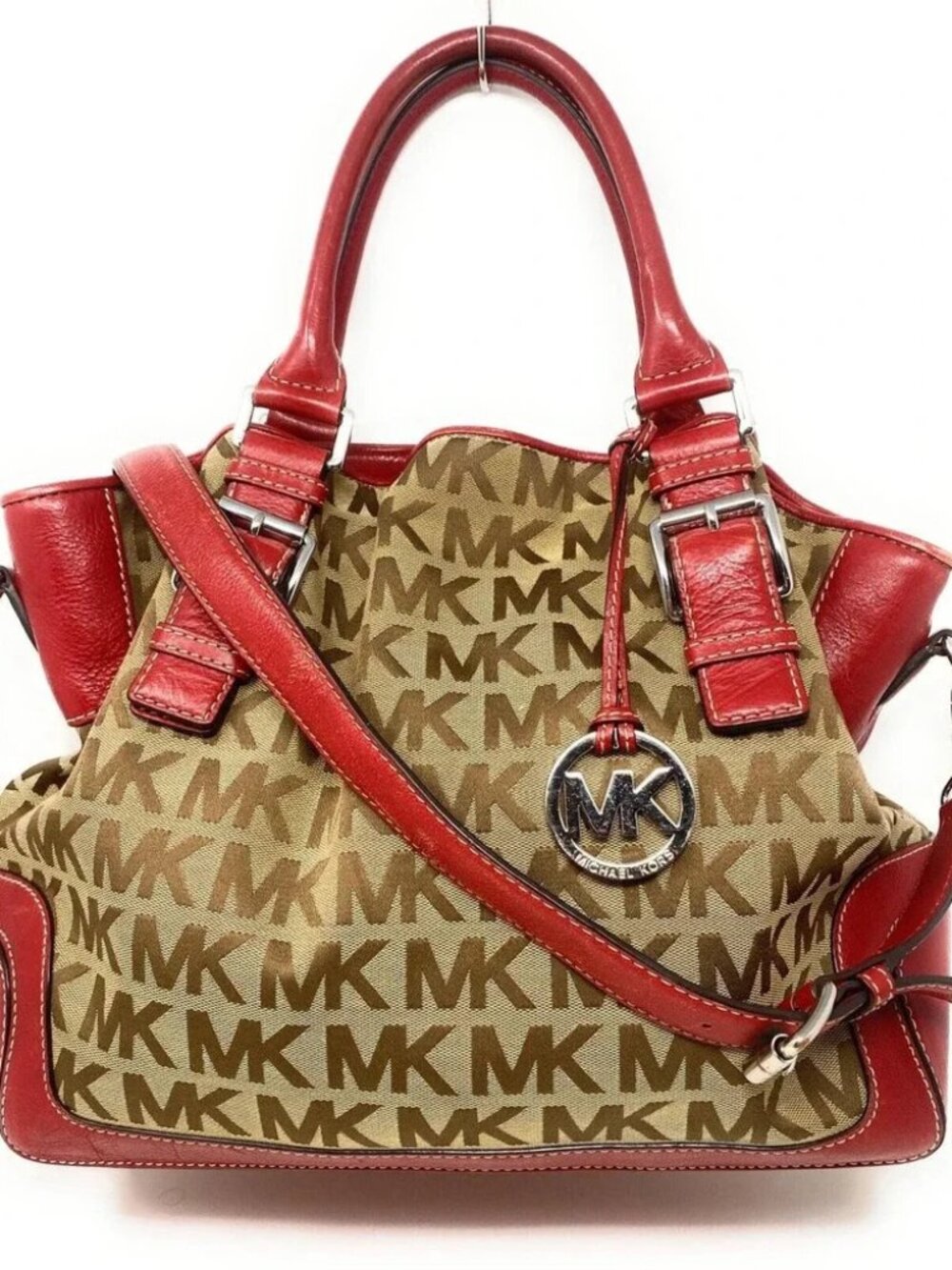 Michael Kors Beige/Red Canvas and Leather Large Brookville Tote